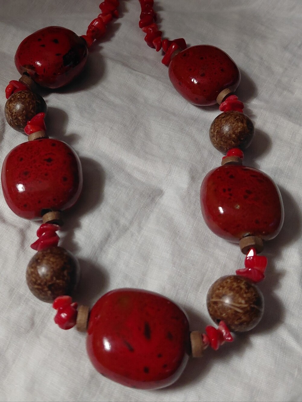 Source Unknown Red and Brown Beaded Statement Necklace